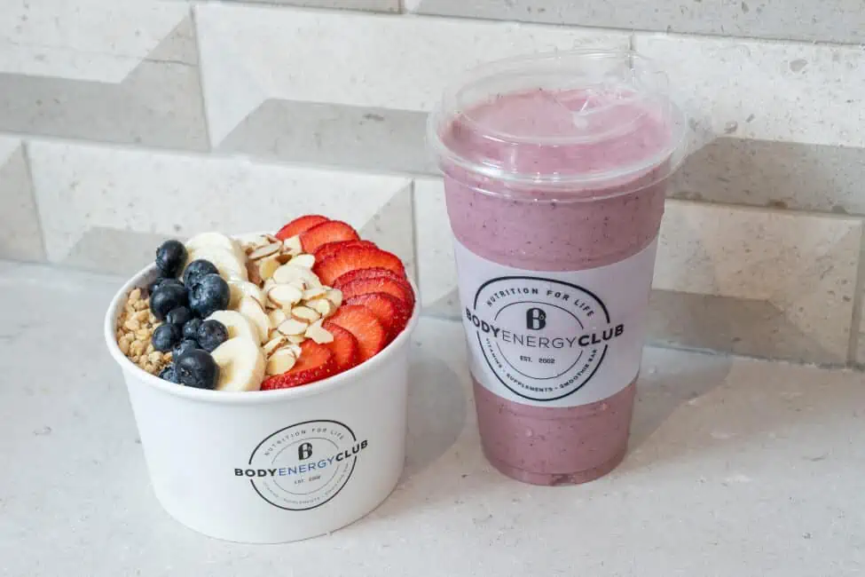 Smoothie bowl and a smoothie.