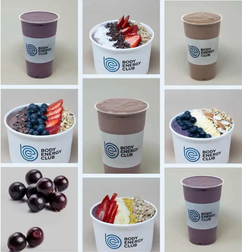 Assorted display of Body Energy Club Acai Smoothies & Bowls.